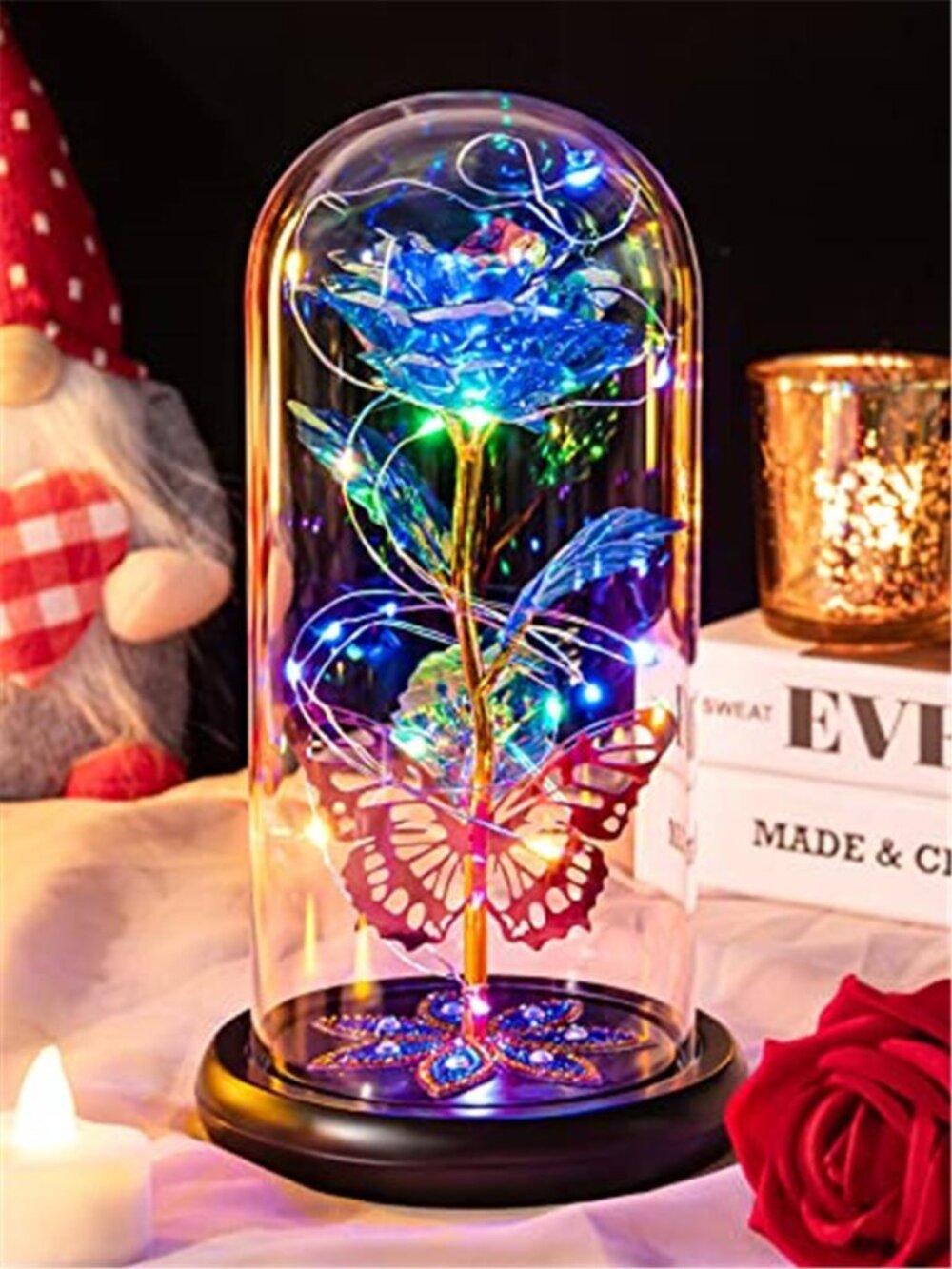 Blue Galaxy Glass Rose Dome LED Light Butterfly Crystal Mom Birthday Gift